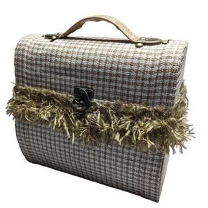 Vtg 1960s MCM Ivory Tweed Fabric Covered Fringe Top Handle Latch Wooden Box Bag